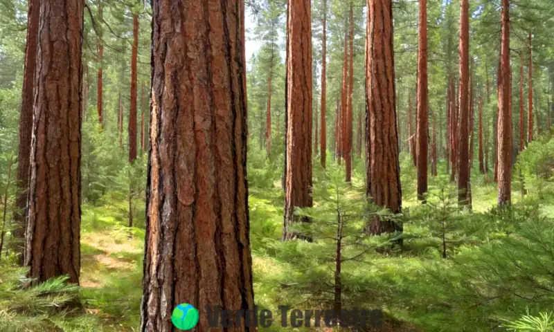 Doce variedades de pinos en un bosque luminoso, con detalles de agujas y cortezas, rodeados de naturaleza vibrante