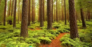 Un bosque encantado con diversas variedades de pinos