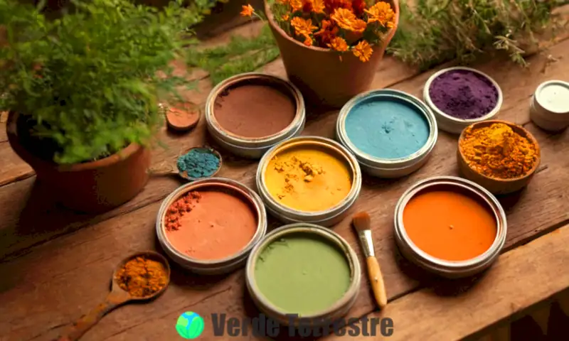 Mesa de madera con pinturas naturales, brochas y paleta, rodeada de hojas y flores, en un ambiente cálido y rústico