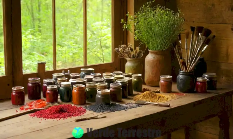 Mesa rústica con frascos de pinturas naturales, pinceles y herramientas en un taller iluminado por el sol, rodeado de plantas