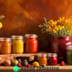 Natureza muerta vibrante con tarros de pinturas naturales rodeados de flores
