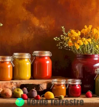Natureza muerta vibrante con tarros de pinturas naturales rodeados de flores