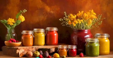 Natureza muerta vibrante con tarros de pinturas naturales rodeados de flores