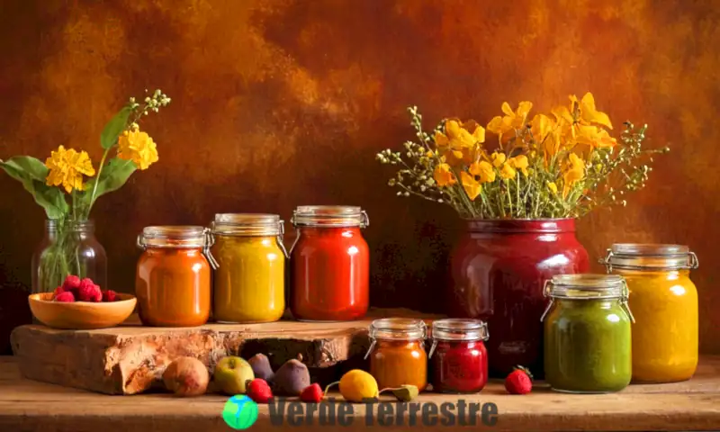 Natureza muerta vibrante con tarros de pinturas naturales rodeados de flores