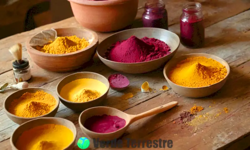 Colección de pinturas naturales en colores vibrantes sobre una mesa de madera rústica, rodeada de ingredientes naturales y en un taller artesanal iluminado suavemente