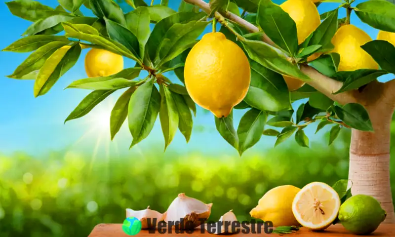 Árbol de limón vibrante rodeado de remedios naturales en un jardín soleado, con mariposas y mariquitas que representan un ecosistema equilibrado