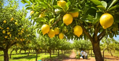 Un limonero sano en un huerto soleado