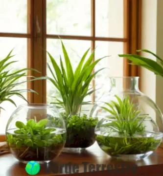 Diez plantas acuáticas en jarrones de vidrio sobre una mesa de madera junto a una ventana