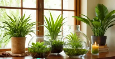 Diez plantas acuáticas en jarrones de vidrio sobre una mesa de madera junto a una ventana