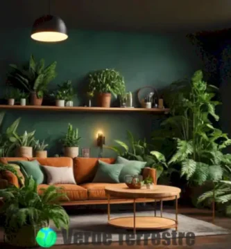 Ilustración artística de una habitación acogedora con 25 plantas de interior en un entorno oscuro