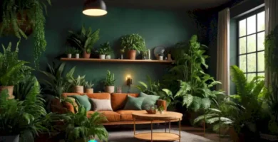 Ilustración artística de una habitación acogedora con 25 plantas de interior en un entorno oscuro