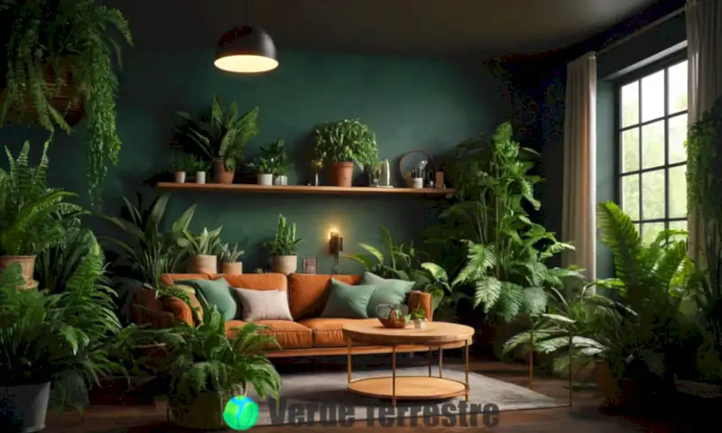 Ilustración artística de una habitación acogedora con 25 plantas de interior en un entorno oscuro