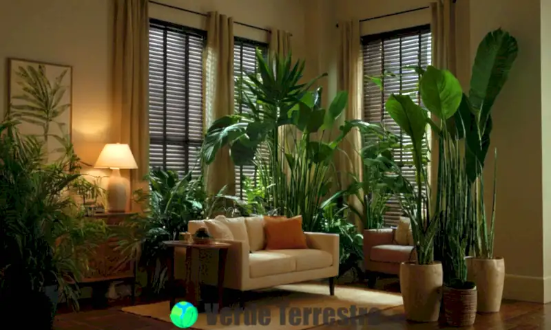 Espacio interior sereno con 25 plantas de sombra vibrantes en un ambiente tenue