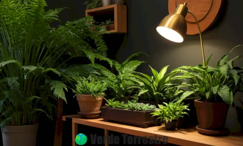 Espacio interior acogedor con 25 plantas de sombra en un ambiente oscuro y moderno, iluminado suavemente por una lámpara