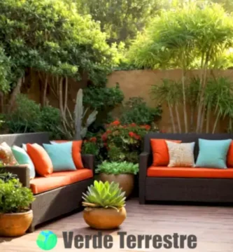 Patio acogedor con decorative plantas en macetas coloridas