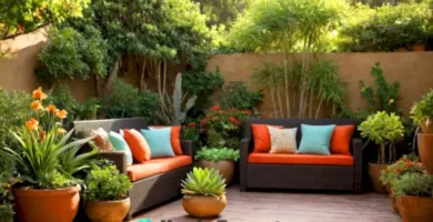 Patio acogedor con decorative plantas en macetas coloridas