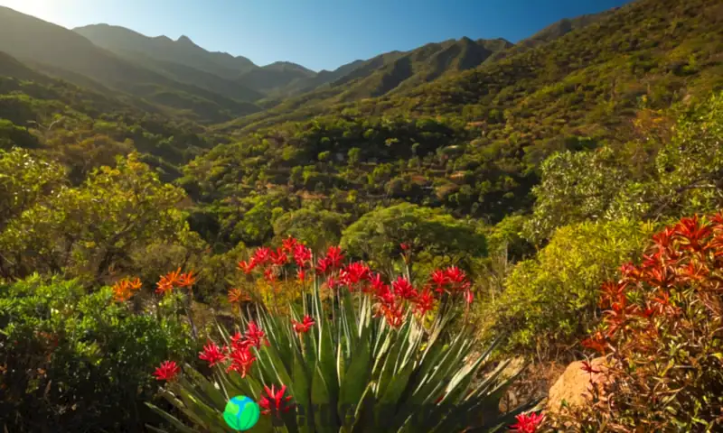 Representación artística de plantas en peligro de extinción de México, en un paisaje vibrante y natural