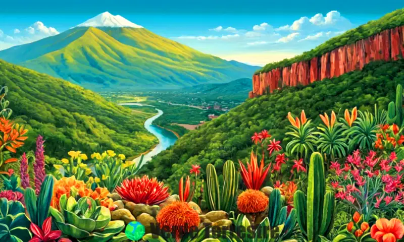 Ilustración vibrante de 20 plantas en peligro de extinción de México en su hábitat natural, rodeadas de un paisaje montañoso