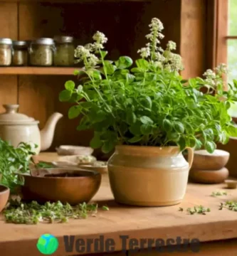Planta de orégano vibrante con hojas verdes y flores blancas en una cocina rústica