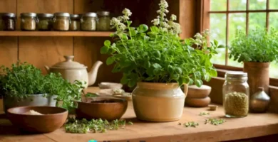 Planta de orégano vibrante con hojas verdes y flores blancas en una cocina rústica