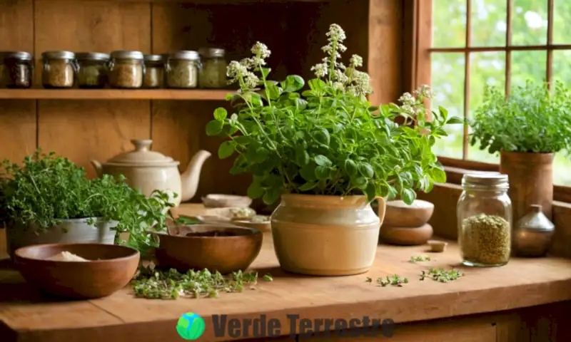 Planta de orégano vibrante con hojas verdes y flores blancas en una cocina rústica