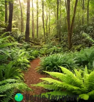 Colección de plantas sin flores como helechos y musgos en un bosque verde