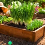 Jardín hogareño con cebollas verdes