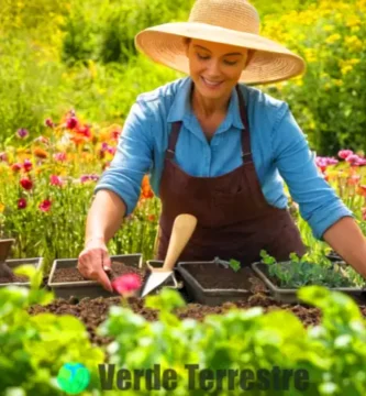 Jardinero planta lentejas en un campo verde bajo un cielo azul