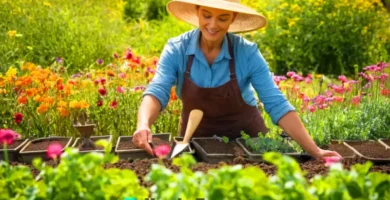 Jardinero planta lentejas en un campo verde bajo un cielo azul