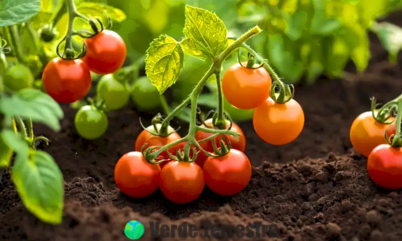 Jardín vibrante con tomates cherry de varios colores, un jardinero plantando plántulas bajo el sol