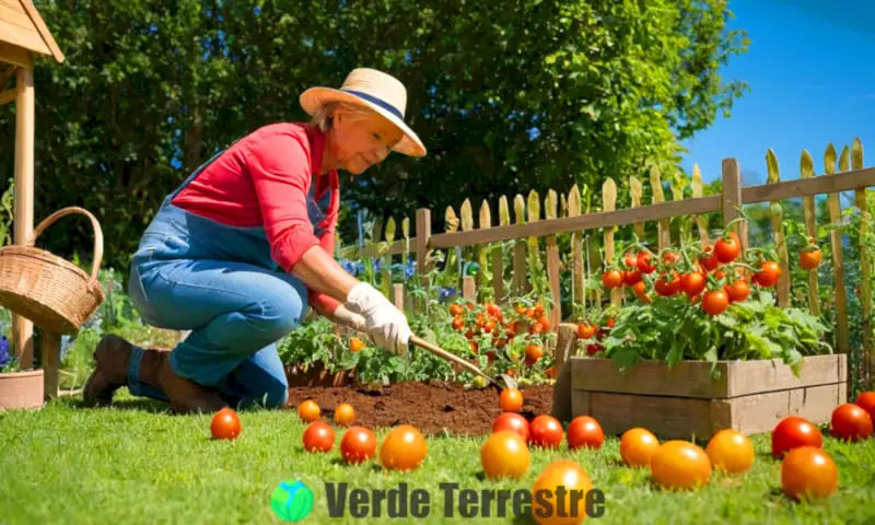 Jardín soleado con un jardinero plantando tomates cherry entre flores coloridas y un cielo azul
