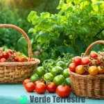 Cesta de tomates cherry maduros entre plantas verdes