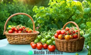 Cesta de tomates cherry maduros entre plantas verdes
