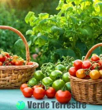 Cesta de tomates cherry maduros entre plantas verdes