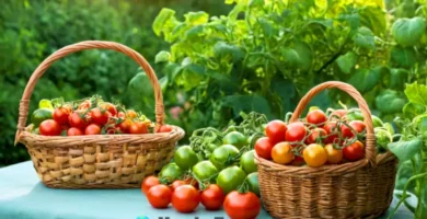 Cesta de tomates cherry maduros entre plantas verdes