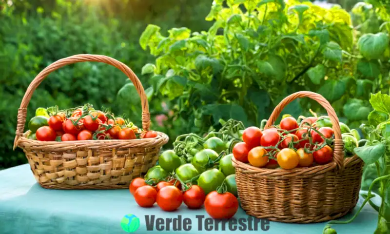Cesta de tomates cherry maduros entre plantas verdes