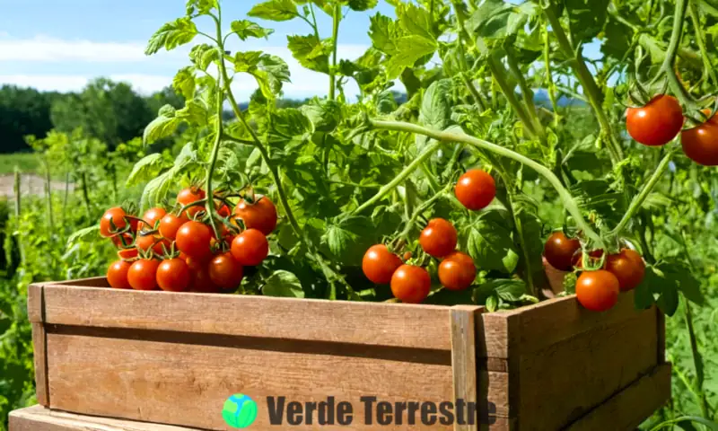 Jardín vibrante con tomates cherry maduros en la enredadera, rodeados de hojas verdes bajo un cielo azul soleado