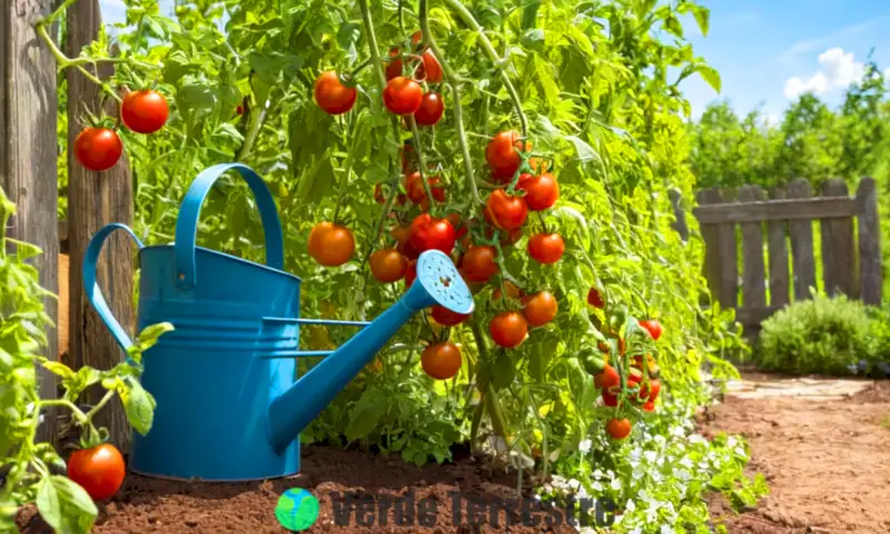 Jardín vibrante con plantas de tomates cherry, tomates rojos, flores coloridas y herramientas de jardinería, bajo un cielo soleado
