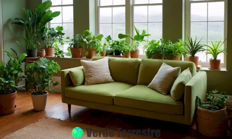 Sala de estar acogedora con 20 plantas de interior, sofá cómodo y luz natural