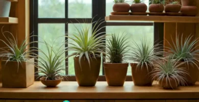 Colección vibrante de plantas aéreas en un ambiente interior acogedor y bien iluminado