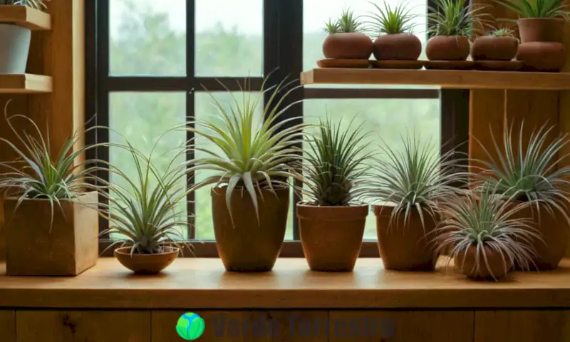 Colección vibrante de plantas aéreas en un ambiente interior acogedor y bien iluminado