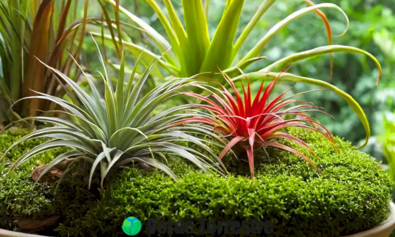 Varias tillandsias en un jardín botánico, iluminadas por la luz del sol, algunas sobre ramas y otras en macetas