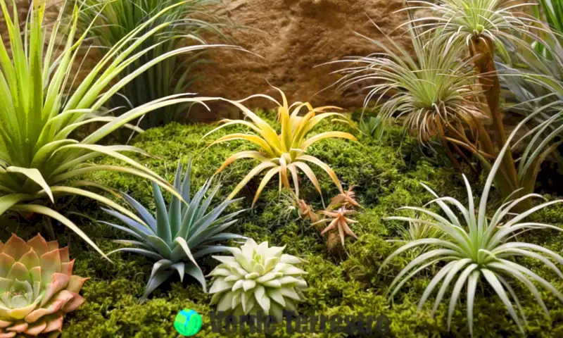 Varias plantas de aire en un entorno luminoso, con detalles botánicos y colores vibrantes