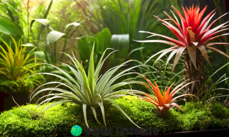 Diversas plantas aéreas en un entorno tropical, con bromelias coloridas y musgo, bajo luz suave