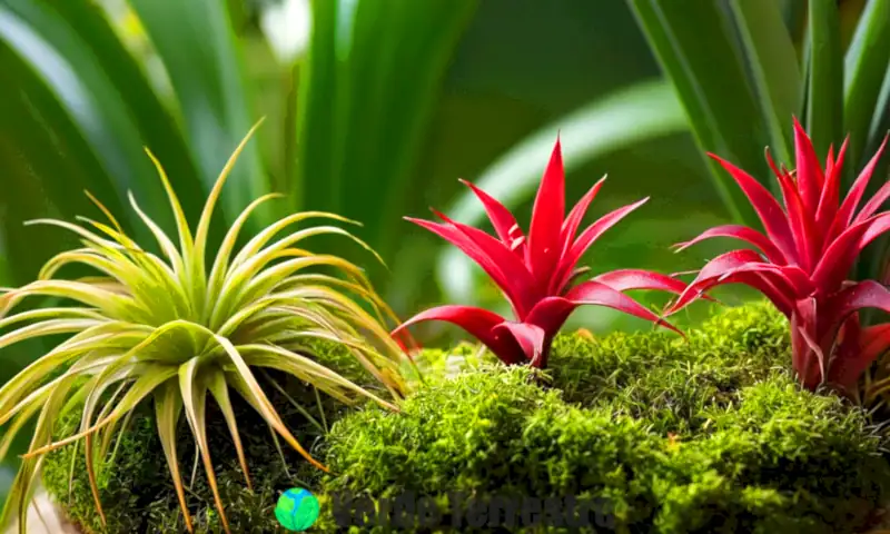 Colección vibrante de plantas aéreas en un entorno natural suave, con gotas de rocío y luz filtrada, destacando sus formas y texturas únicas