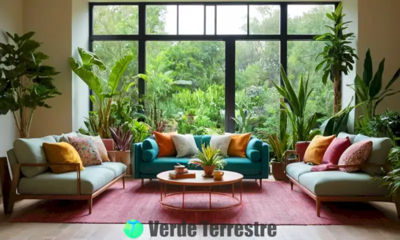 Jardín interior vibrante con 24 especies de plantas coloridas en una sala acogedora iluminada por la luz natural