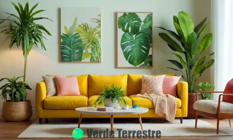 Sala de estar acogedora con 24 plantas coloridas y etiquetadas, decoradas en un estilo moderno y luminoso