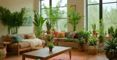 Sala acogedora con 24 plantas de interior coloridas y diversas