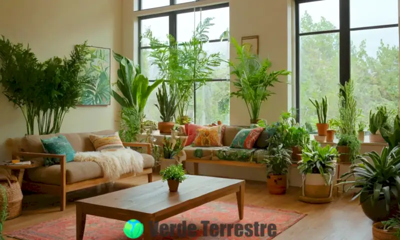 Sala acogedora con 24 plantas de interior coloridas y diversas