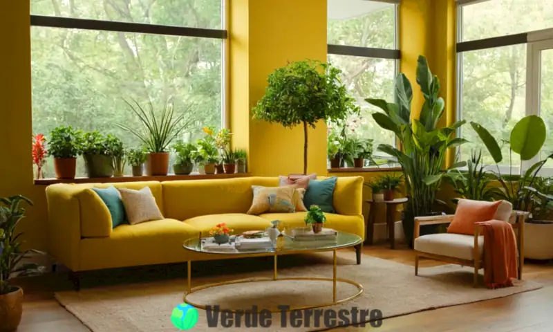 Sala de estar acogedora con 24 plantas coloridas y modernas, iluminada por luz natural